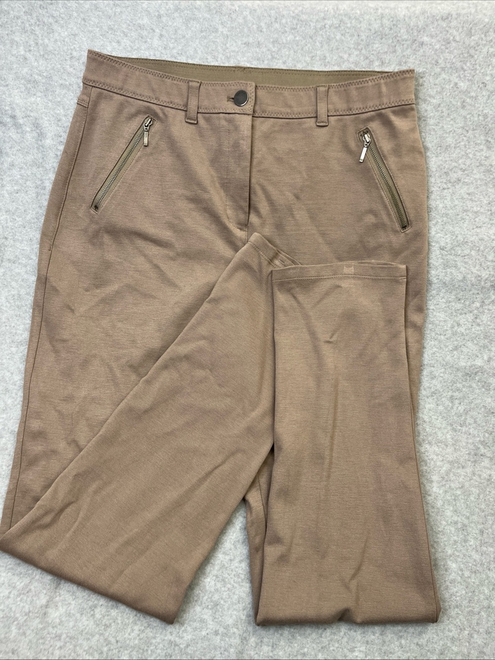 Chico’s So Slimming Brown/Gray Stretch Pants Womens Size Medium 8 (1) Moto Zip